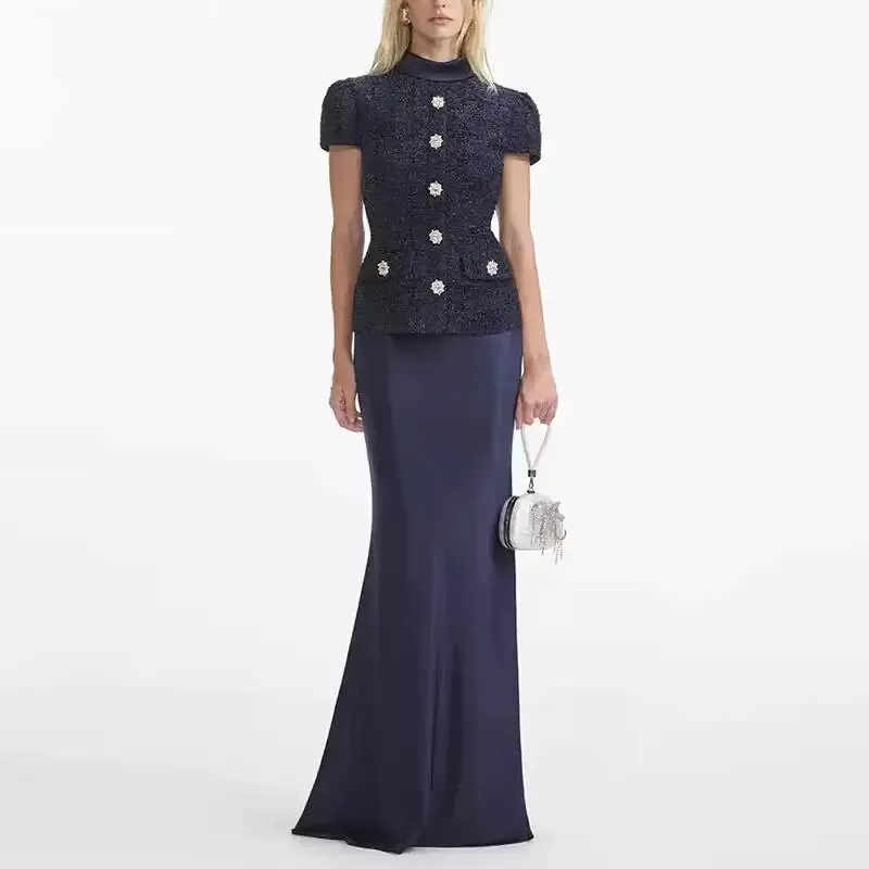 Maxi Formale Luxus Abendkleider Frauen Sommer Herbst Einreiher Kristall Satin Tweed Langes Kleid Blau Party Abendessen Vestidos