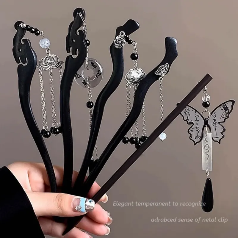 Licht Luxus Holz Quaste Haarnadel Für Frauen Vintage Tinte Schmetterling Anhänger Haar Stick Chinesischen Stil Ebenholz Haar Zubehör