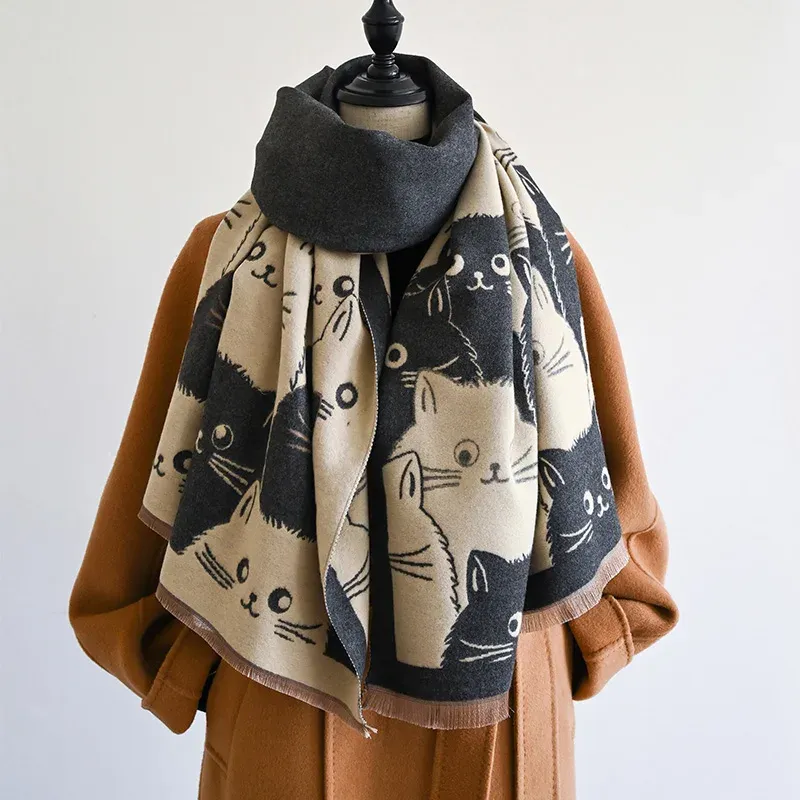 Neue Mode Marke Nette Katze Damen Jacquard Pashmina Kaschmir Schal Winter Dicke Wärme Schal Coldproof Winddicht Decke Schal