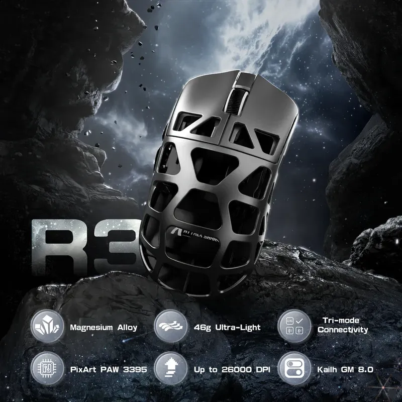 ATTACK SHARK R3 Gaming-Maus aus Magnesiumlegierung, 8K SUPERLIGHT, 8000 Hz, 6 einstellbare DPI bis zu 26.000 PAW3395 BT/2,4 G, kabellos/kabelgebunden