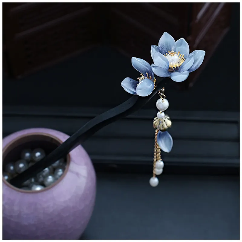 Blaue Blume Haar Stick Vintage Perle Quaste Haarnadel Gabeln Für Frauen Chinesische Hanfu Hochzeit Haar Zubehör Fee Holz Kopfbedeckungen