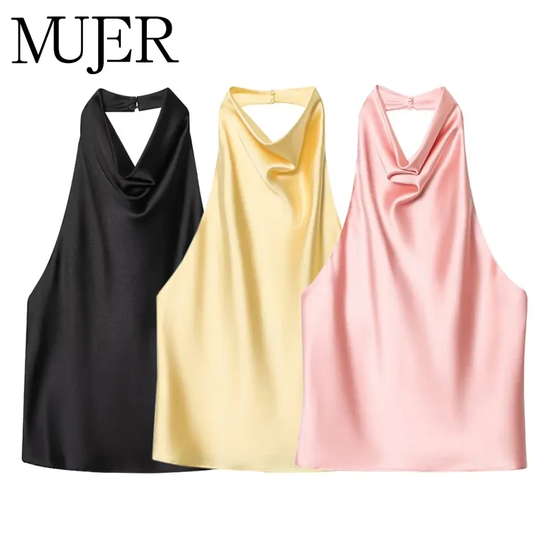 MUJER 2025 Neckholder-Tops für Damen, schwarzes Satin, rückenfreies Top, weiblich, rosa, Sommer-Strand-Top, schulterfreies Leibchen-Top für Damen