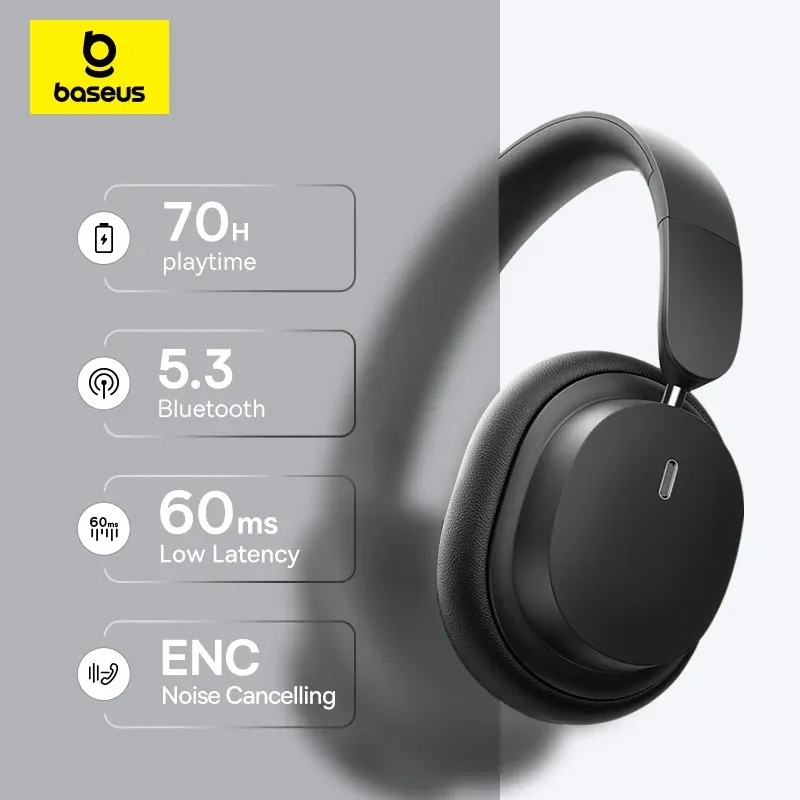 Baseus Drahtlose Kopfhörer Bluetooth 5.3 HIFI Level Kopfhörer 40mm Treiber Faltbare Over-Ear-Headsets 70H Spielzeit Spatial Audio