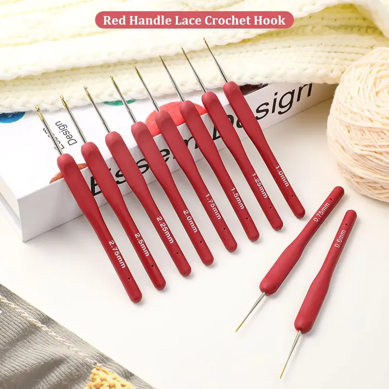 10-teiliges rotes Häkel-Set mit Silikongriff, Häkelnadeln, 0,6–2,75 mm, Häkelnadel-Set, Nadeln, Pullover, Weben, Nähen, Stricken, Werkzeug