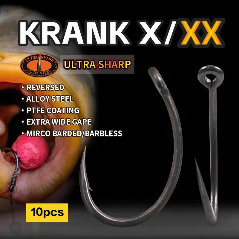 10 Stück Karpfen-Angelhaken, Krank-Haken, EXTRA, extra breit, umgekehrt, legierter Stahl, Mirco Barded/Widerhakenlose PTFE-Beschichtung, Größe 1, 2, 4, 6