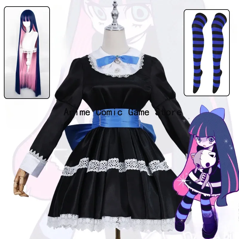 Auf Lager S-2XL Anime Panty & Stockingg Stocking Anarchy Cosplay Schwarzes Kleid Uniform Lange Perücke Halloween Party Outfits für Frauen