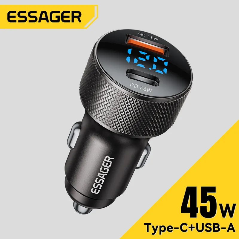 Essager USB C Autoladegerät 45 W 2 Ports PD3.0 QC3.0 Digitalanzeige Autotelefon-Ladegerät für iPhone 16 15 Xiaomi Huawei Samsung OPPO