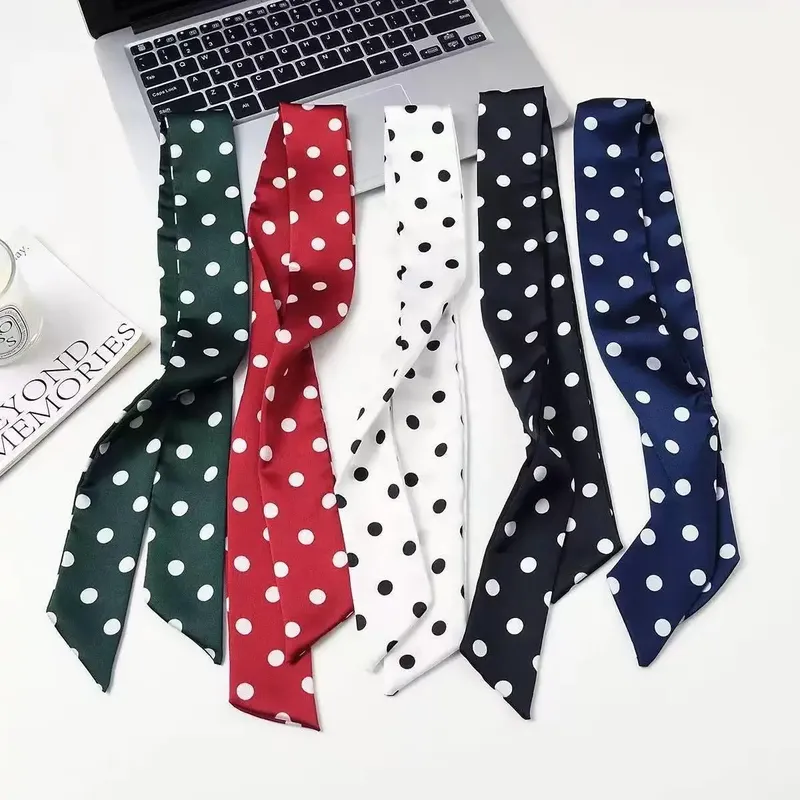 200 x 5 cm langer Seidenschal, elegantes gepunktetes Halstuch für Damen, Halstücher, schmaler Satin, dünner Schal, Taschenband, Stirnbänder, Schal