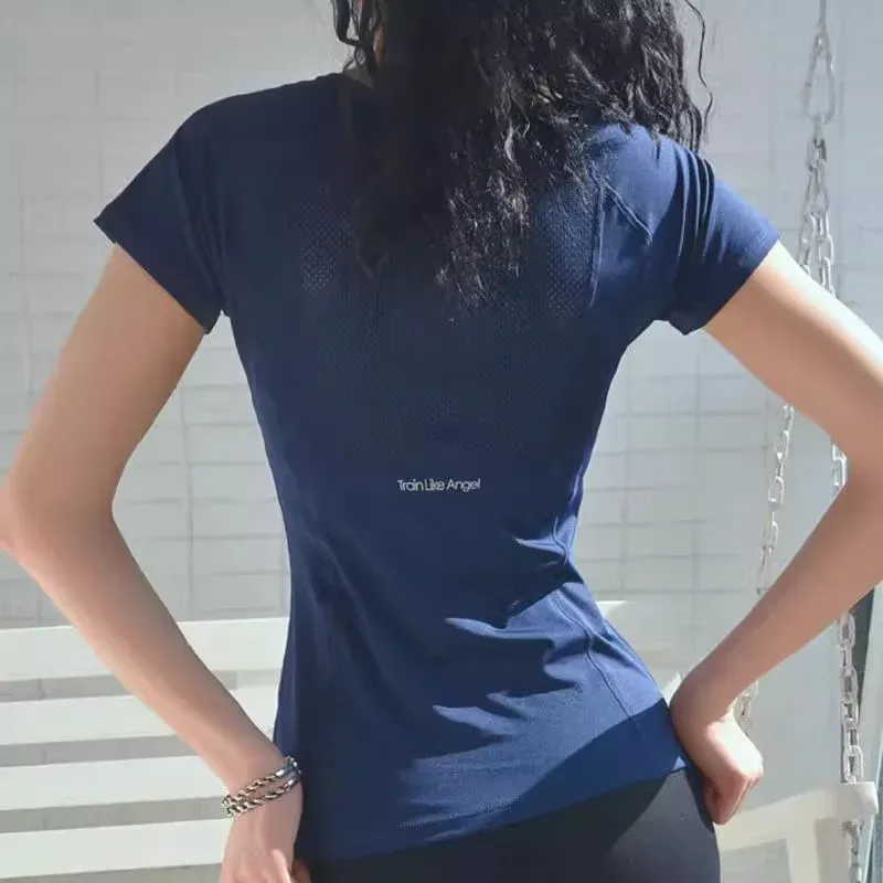 Frühling und Sommer Lose Damen Sport Kurzarm Schnell trocknend Laufen Yoga Fitness T-shirt Mesh Atmungsaktive Hals Pullover Top