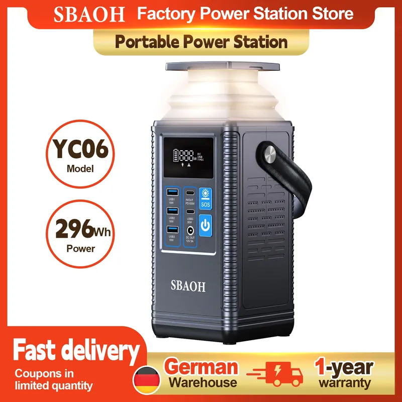 SBAOH PD100W Tragbares Kraftwerk, Powerbank 80000 mAh 296 Wh Lithium-Ionen-Batterien, Outdoor-Solargenerator für Power Blackout