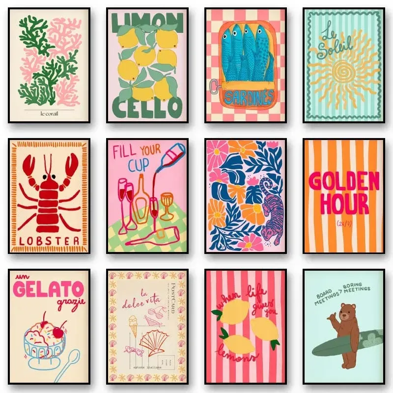 Tropisches Preppy-Poster, Muschel, Strand, Sommer-Poster, Druck, Wein, Hummer, Leinwand, Kunstbilder, Zuhause für Wohnzimmer, moderne Dekoration