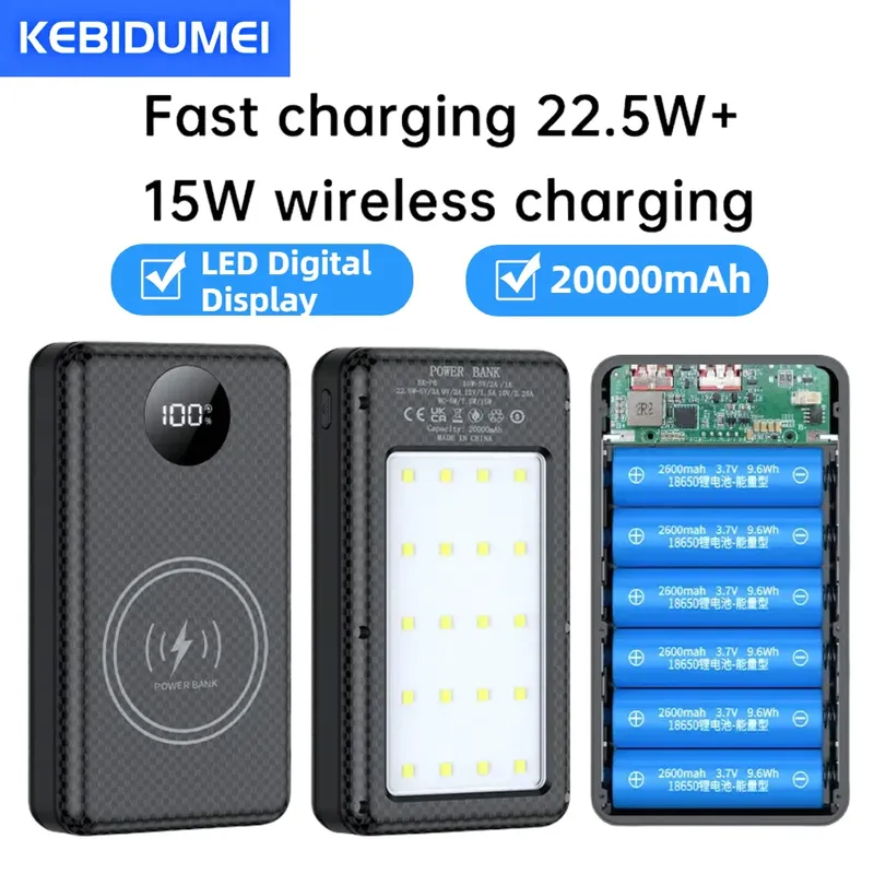 6*18650 20000mAh Power Bank Fall 22,5W Schnelle Lade 15W Drahtlose Lade Mobile Power Bank Gehäuse batterie Halter Für Telefon