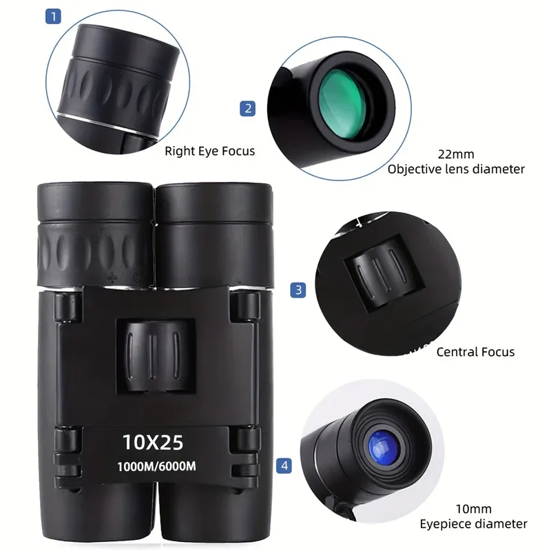 10 x 25 kleines Fernglas mit klarer Sicht, Taschenfernglas, kompakt für Erwachsene, Theater, Konzert, Oper, Reisen, Vogelbeobachtung