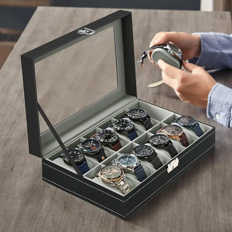 PU Leder uhr box 2/3/4/5/6/8/10/12 Slots Uhr Vitrine Für Männer Organizer schmuck Lagerung Box Mit Glas Top Für Geschenke