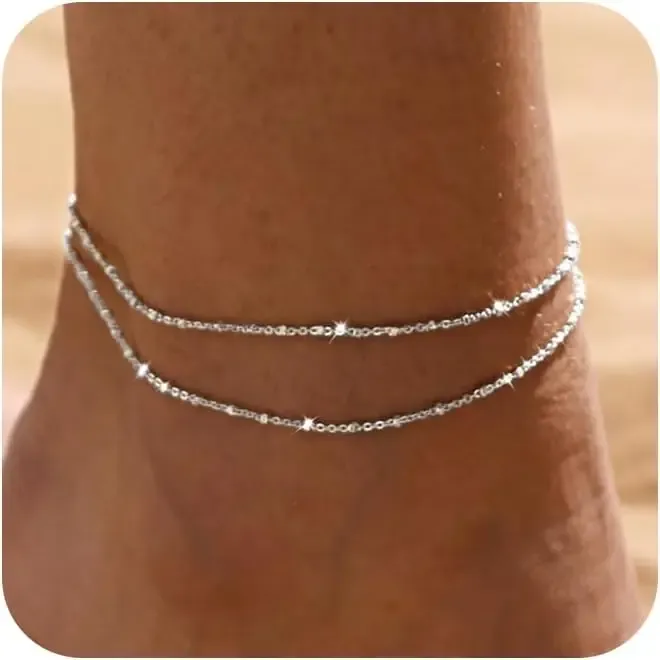 Damen-Sterlingsilber-Knöchelarmbänder, trendiges wasserdichtes Fußkettchen-Set, verstellbare mehrlagige Fußkettchen-Armbänder, Sommer- und Strandschmuck