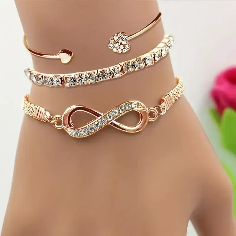 3-teiliges Set Vintage-Kristall-Strass-Herz-Armbänder für Damen, modisch, geometrisch, verstellbar, Unendlichkeitsstulpe, Armreif, Schmuck, Geschenk