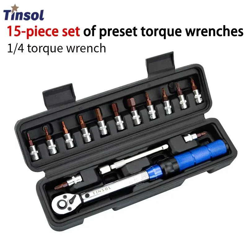 TINSOL 15-teiliges Set Fahrrad-Drehmomentschlüssel-Set 1/4 Zoll 2–24 Nm Dual Direction Bike Inbusschlüssel Werkzeugsteckdose voreingestellter Schraubenschlüssel Pro Reparatur