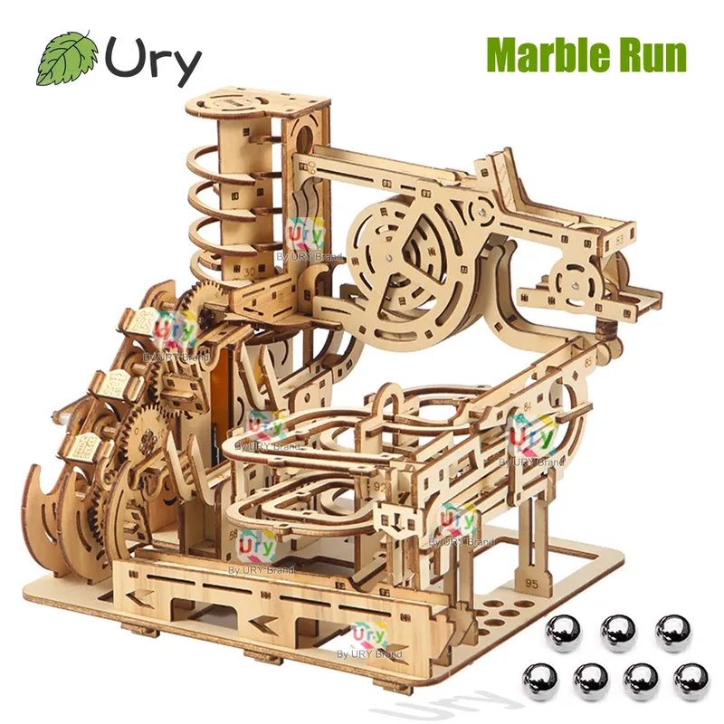 Ury 3D-Holzpuzzles, Marmor, elektrisches Katapult-Track-Gerät-Set, mechanisches Modell, wissenschaftliches Labyrinth, 7 Kugeln, Montagespielzeug für Kinder, Geschenk