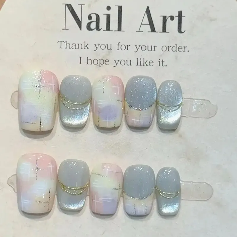 10 Stück gemischte farbige Acryl-Kunstnägel, blaues Katzenauge, französischer Flash, kurzer Stab auf den Nagel, abnehmbar, modisch, Ballett, vollständige Abdeckung, zum Aufdrücken