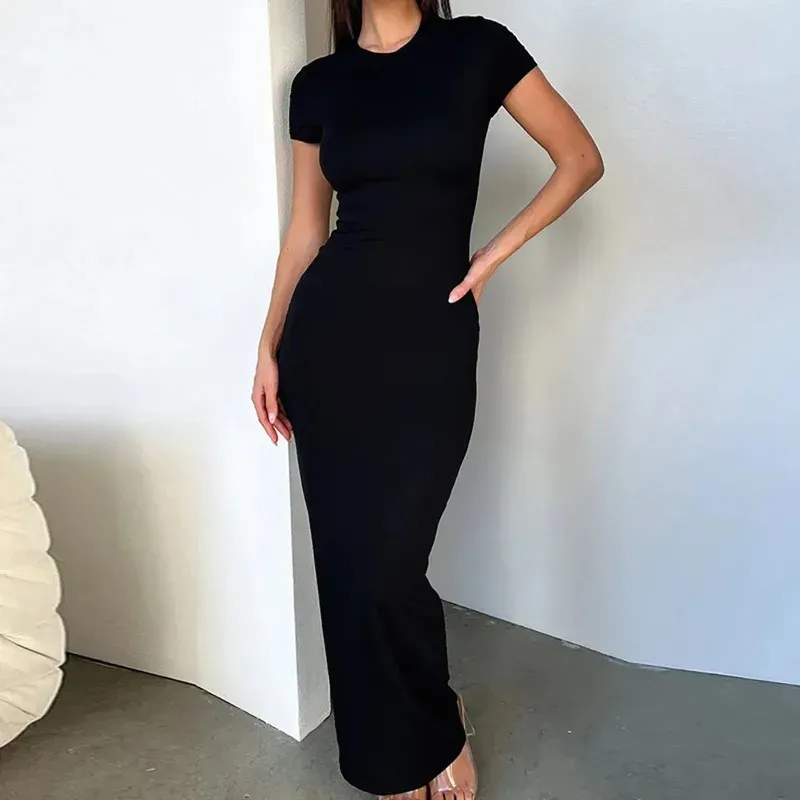 Sexy Dünne frauen Bodycon Party Kleid Mode Oansatz Kurzarm Einfarbig Gewickelt Hüfte Paket Lange Kleid Weibliche Sexy Kleid