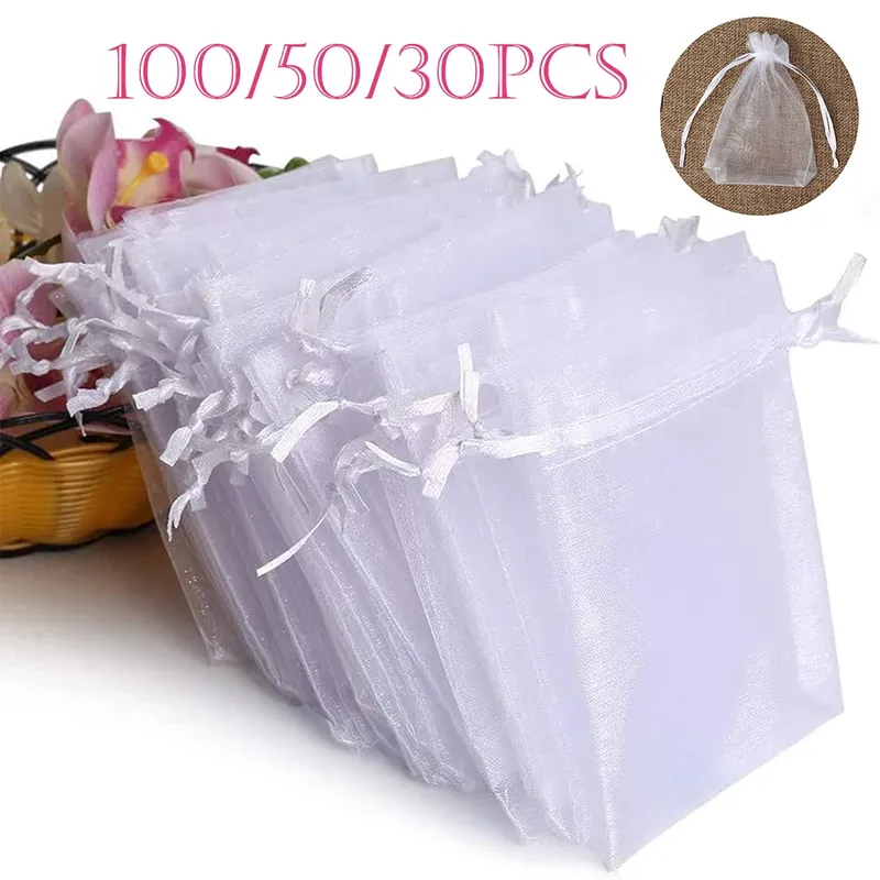 100/50/30 stücke Weiß Organza Beutel Schmuck Verpackung Hochzeit Party Geschenk Taschen Kordelzug Süßigkeiten Beutel Weihnachten Kleine Tasche lagerung
