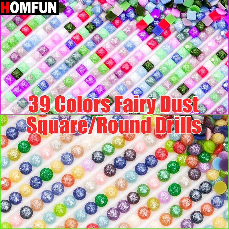 HOMFUN 39-Farben-Feenstaubbohrer, Diamantmalerei, quadratisch/rund, Kunstharz, Stickerei, Kristallperlen, Zubehör, Kunst, Zuckerstaubperlen