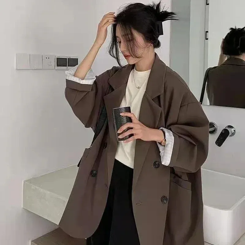 Vintage Braun Blazer Frauen Elegante Offizielle Damen Frühling Herbst Mode Langarm Übergroßen Chic Casual Anzug Jacke 2025