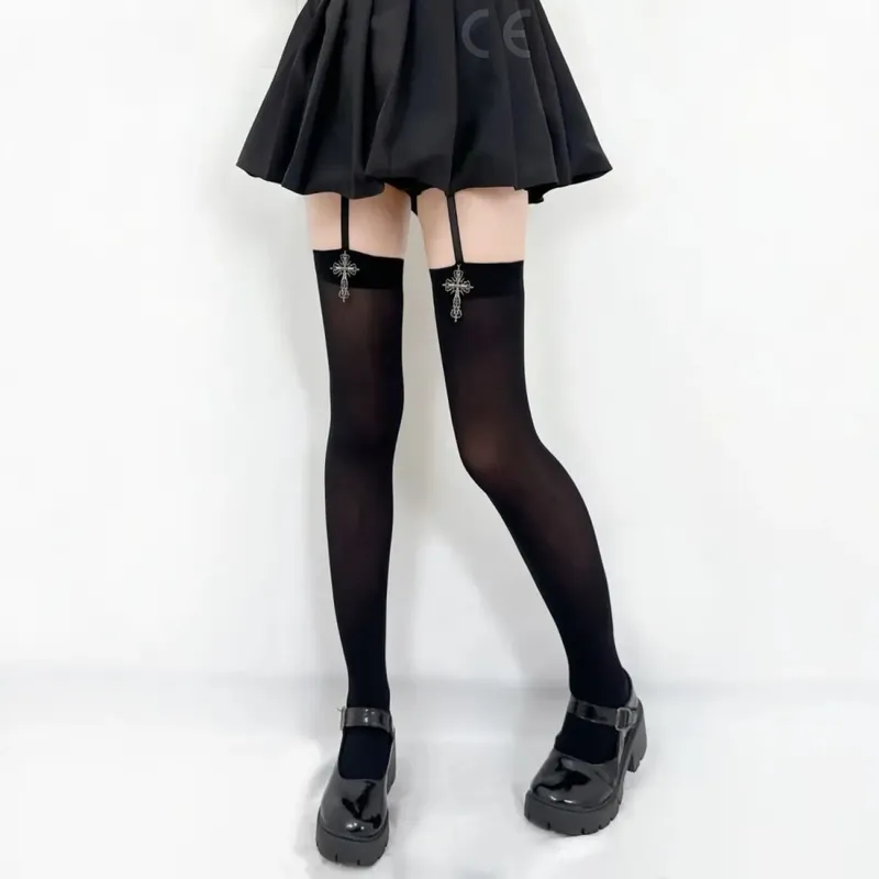 1/2 paar Gothic Kreuz Dekoration Enge für Frauen Strümpfe Einfarbig Dünne Oberschenkel Hohe Lolita Über Knie Strümpfe