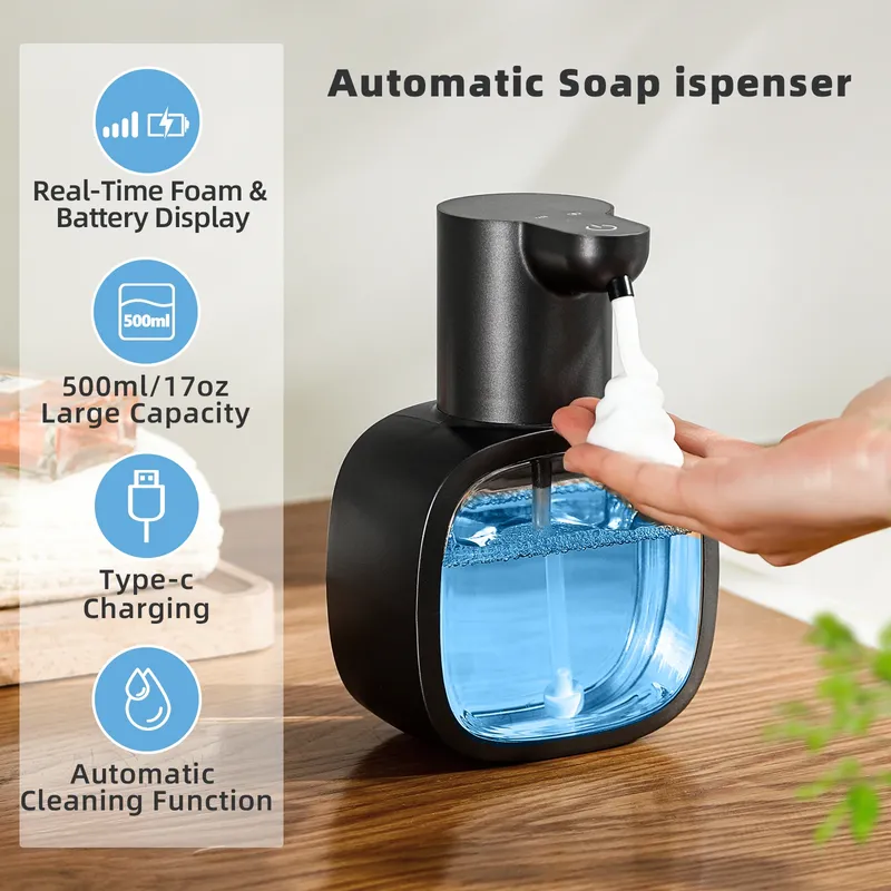 Neuer an der Wand montierter automatischer Seifenspender aus Schaumstoff, intelligente Handwaschmaschine, 500 ml flüssiger wiederaufladbarer Badezimmer-Induktionssensor