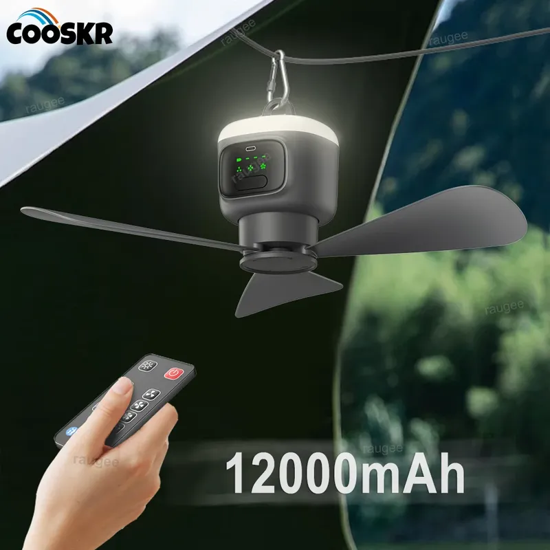12000 mAh Deckenventilatoren Tragbarer Campingventilator Zelt Luftzirkulator Kühler Outdoor Wiederaufladbarer elektrischer Ventilator LED-Licht Fernbedienung