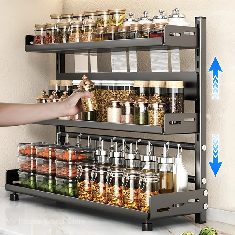 3-stufiges Gewürzregal für die Arbeitsplatte, verstellbare Gewürzorganisation für den Schrank, Küchenorganisator, Metallregal, Schwarz