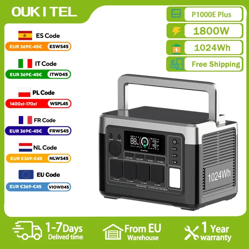 OUKITEL P1000 PLUS Tragbares Kraftwerk 1800 W Solargenerator 1024 Wh Lifepo4-Batterie Home Backup Outdoor Camping Mobile Stromversorgung