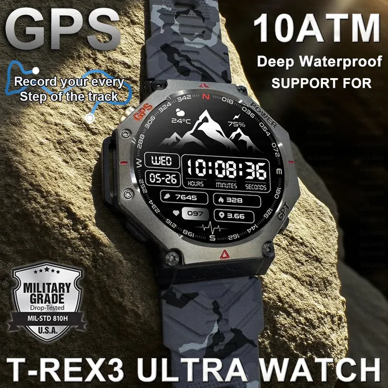 Militärische Smartwatch T-Rex 3, integrierter GPS-Kompass, Höhenmesser, barometrisch, 10 ATM, IP69K, wasserdicht, AMOLED, Bluetooth-Anruf, Smartwatch