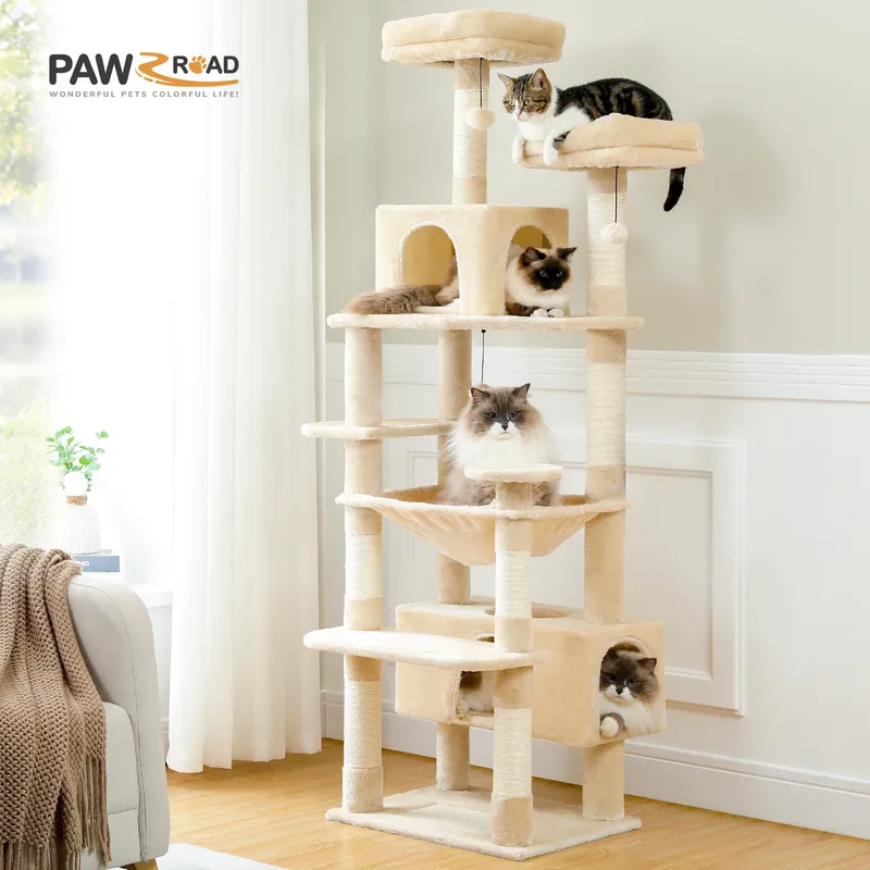 Mehrstufiger Kratzbaumturm mit Kratzbäumen und Brett, Hängematte, Katzenwohnung, geräumiger oberer Sitzstange und baumelnden Bällen für Hauskatzen