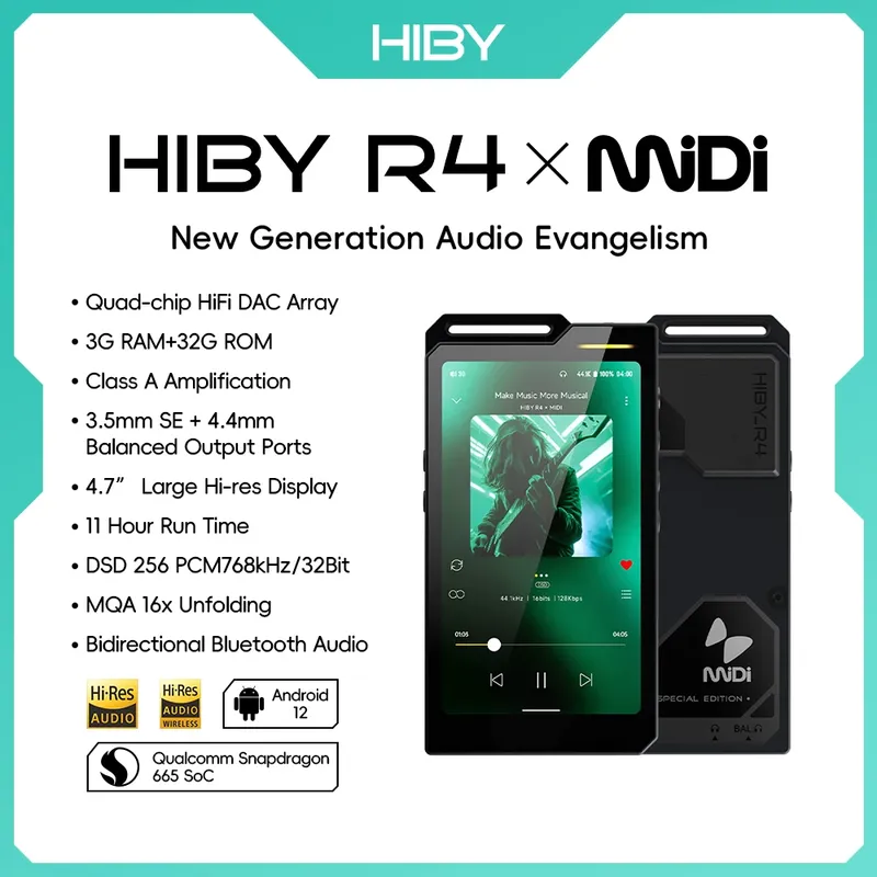HiBy R4 MiDi Version ES9018Q2M*4 Android 12 HiFi-Musikplayer MP3-Audio Bluetooth WiFi DSD256 MQA 16x USB DAC 11 Stunden 4,7'' OPA1652