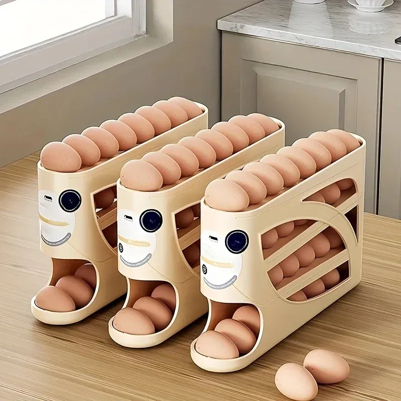 3-stufiger Roll-Eier-Aufbewahrungsbehälter für den Kühlschrank, hält 24 Eier, Organizer-Rack, großes Fassungsvermögen, Aufbewahrungsbox für Küche und Kühlschrank