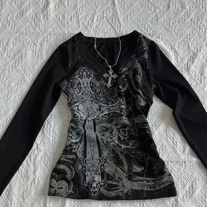 Damen Hip Hop 90er Jahre Vintage Punk T-Shirt Herbst Streetwear Sexy Kurzarm Gothic Slim Crop Top Hotgirl Casual Femme T-Shirt y2k