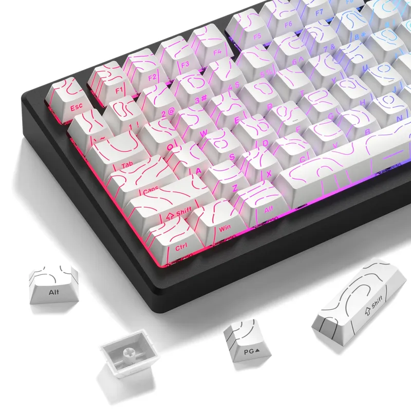 98-Tasten-Tastenkappen, weiß, topografisch, 4,0 PBT, Double Shot Side Print, glänzen durch mechanische MX Gamer-Tastatur mit Hintergrundbeleuchtung