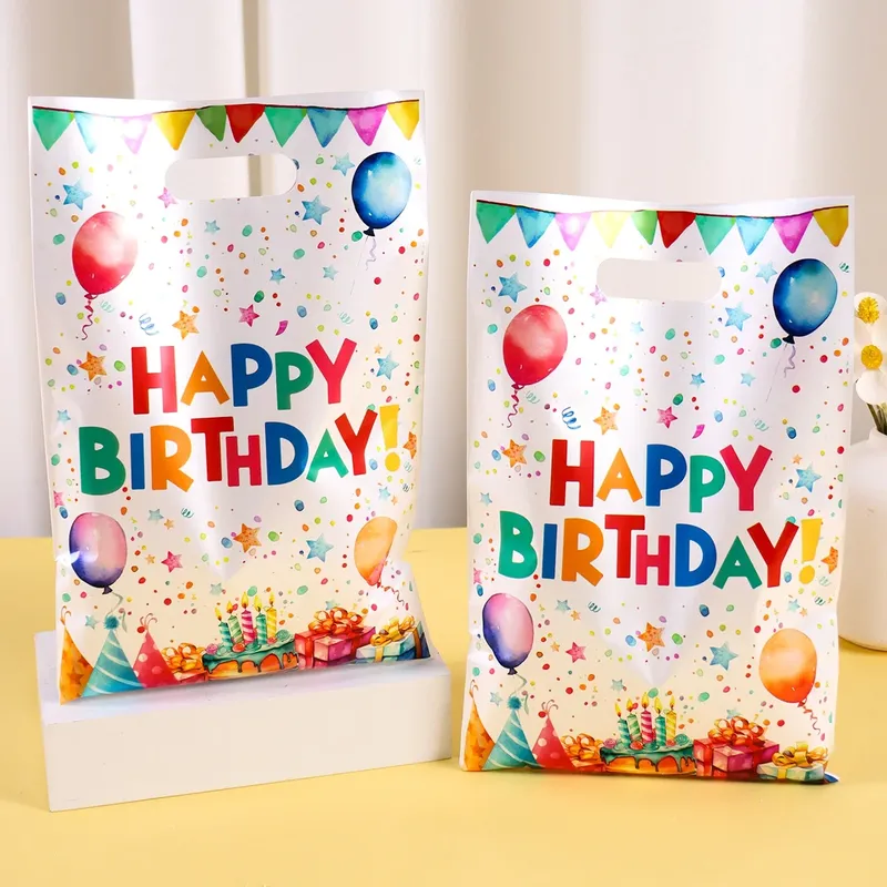 10/20/50 Stück Happy Birthday Geschenktüten Bunte Partybevorzugungsbeutel Kunststoff-Tragetaschen für Kinder Erwachsene Happy Birthday Party-Dekoration