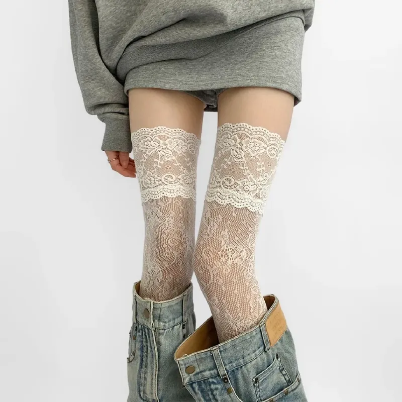 Socken Frau Herbst/Sommer Einfarbig Oberschenkel Hohe Spitze Strümpfe Frauen Overknee Strümpfe Lolita Mädchen Lange Bein Boot socken #