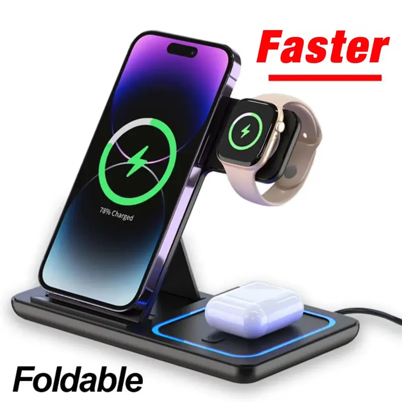 3-in-1 faltbare kabellose Ladestation für iPhone 17 16 15 14 13 12 Pro Max, iWatch Ultra, AirPods Pro – schneller Ladeständer/Dock