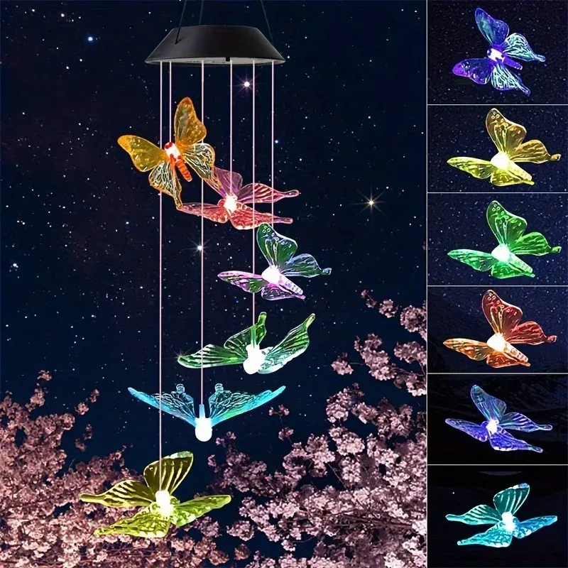 Farbwechselnde Schmetterling-Libellen-Kolibri Solarbetriebene Wasserdichte Outdoor-Windspiele mit Beleuchtung für Party, Garten und Türdekoration
