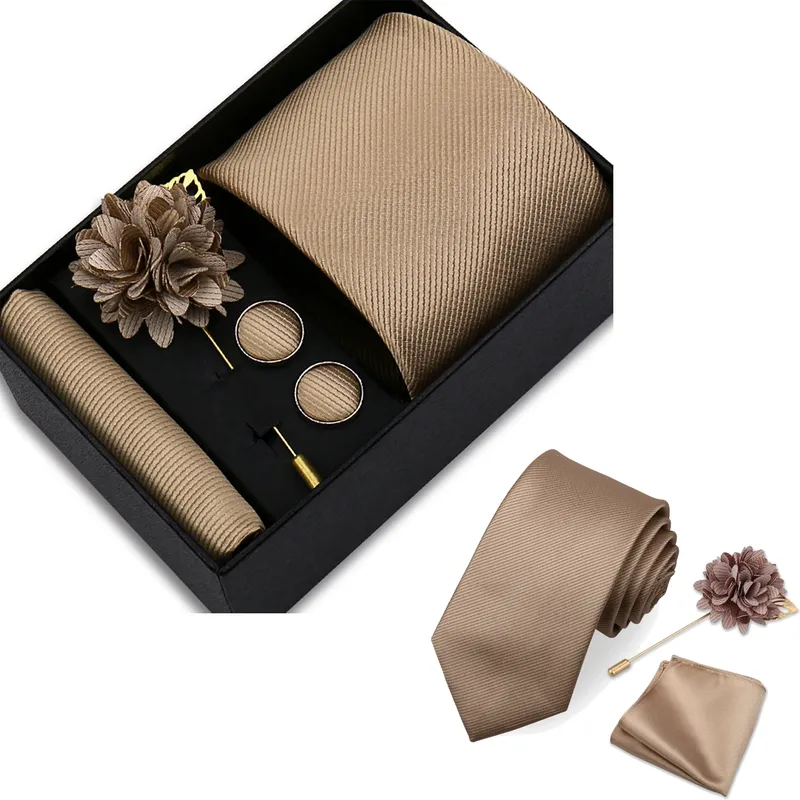 Einfarbig Krawatte Set Für Männer Blume Pin Krawatte Hanky Manschettenknöpfe Brosche Set Für Mann Krawatten Hals Schnallen Blume Revers Box Gravatas