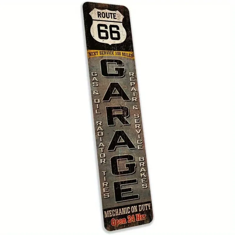 Vintage Route 66-Garagenschild aus Metall – Wanddekoration mit Mechaniker-Motiv für die Garage im Home-Office
