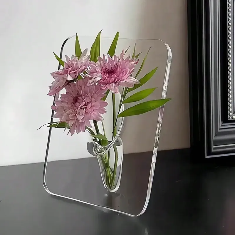 Blumenvase mit Rahmen – transparente Acrylvase für Blumen, moderne Kunstvasen für die Inneneinrichtung, dekorative Vasen für Desktops, Bücherregal