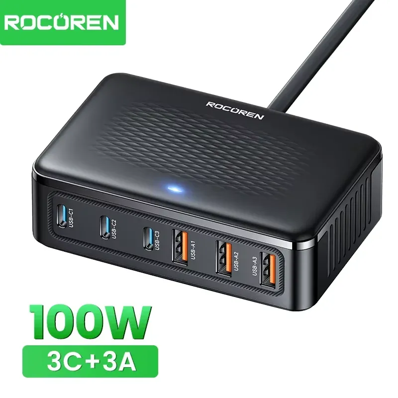 Rocoren USB-Ladegerät, 100 W, GaN-Ladegerät, 6 Anschlüsse, Desktop-Schnellladung, Typ-C-Ladegerät, tragbares Kraftwerk für iPhone 17 16 Xiaomi