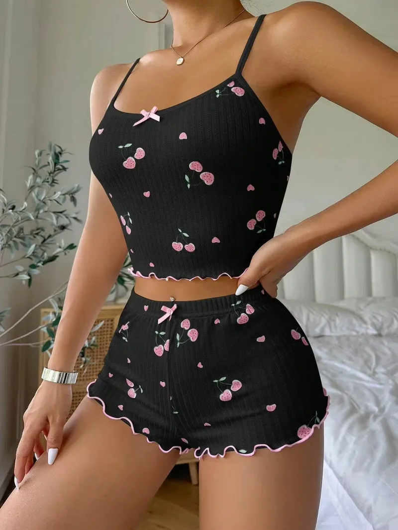 Nachtwäsche Damen Sommer Pyjama Set Herz Druck Sexy Gerippte Schleife Dekor Rundhals Rückenfrei Crop Cami Top & Shorts Nachtwäsche