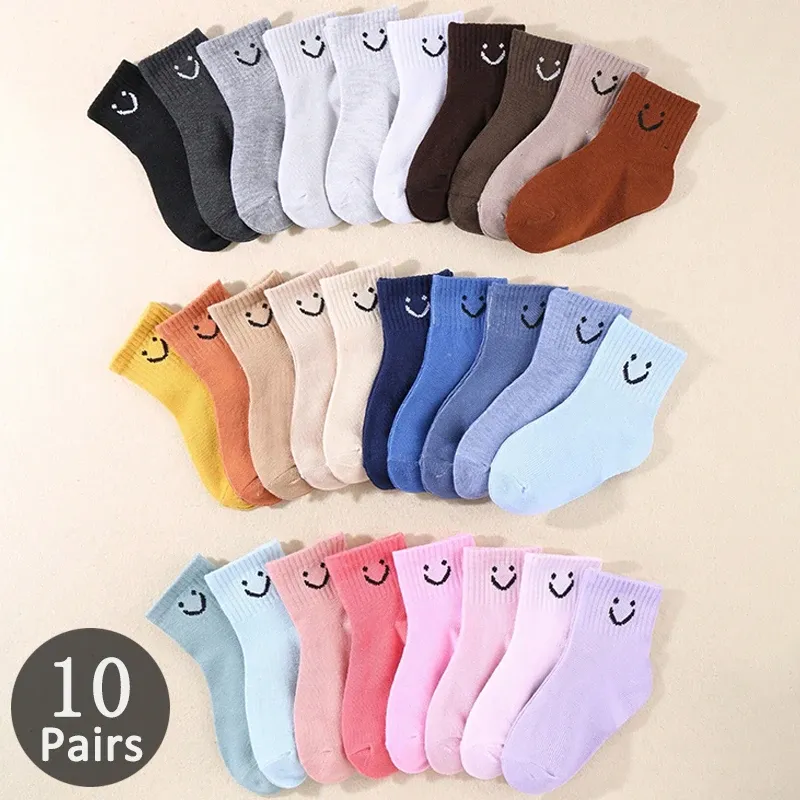 10 Paar süße einfarbige Kindersocken mit lächelndem Gesichtsmuster, bis zur Mitte der Wade, geeignet für Jungen- und Mädchensocken
