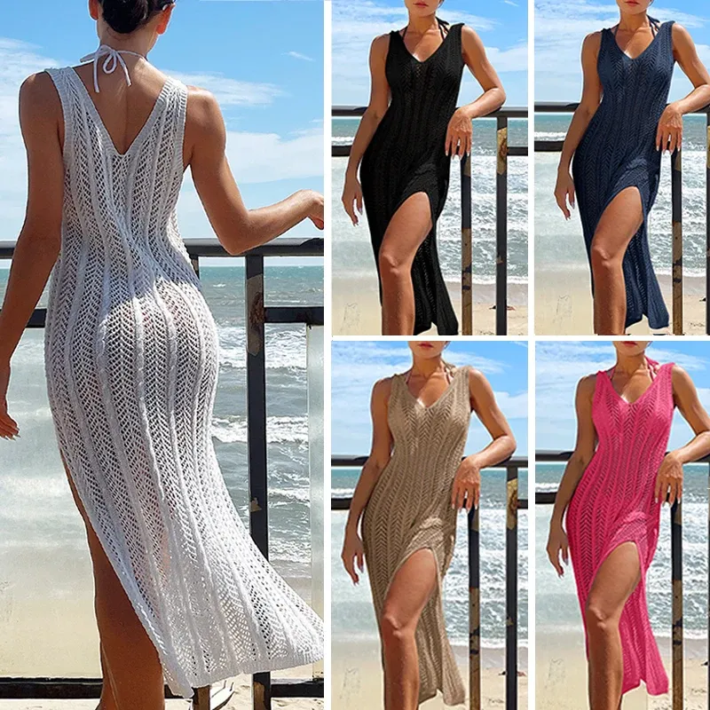 2024 sommer Damen Urlaub Aushöhlen Robe Frauen Chic Solide Strick Maxi Kleid Mode Ärmellose Sexy Strand Cover Up Kleider