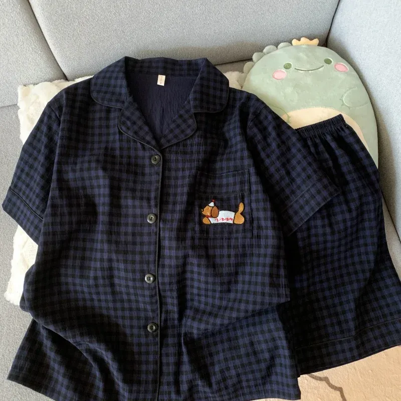 Stickerei Hund Süße Mode Niedlichen Pyjamas Set für Frauen Plaid Revers Hals Elastische Taille Design Pyjamas Kurze Neue Casual Nachtwäsche